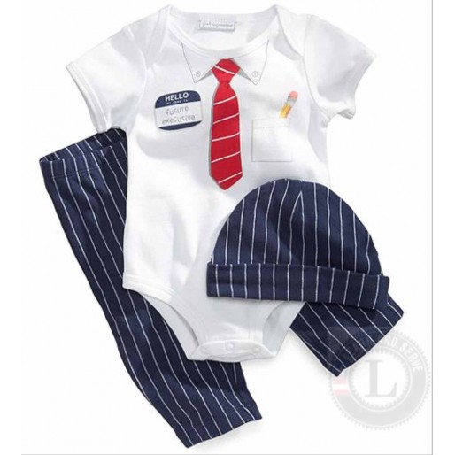 Smart Boy Tie 3pcs Set Romper with Pant and Hat