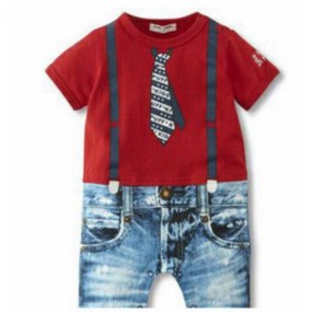 Red White Tee Little Tie Jean Romper