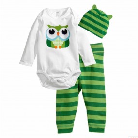 Owl 3pcs Long Sleeve Green Playsuit